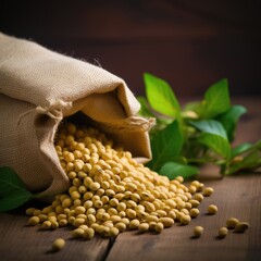 Burlap Bag of Soybeans Spilled on Wooden Table - obrazy, fototapety, plakaty