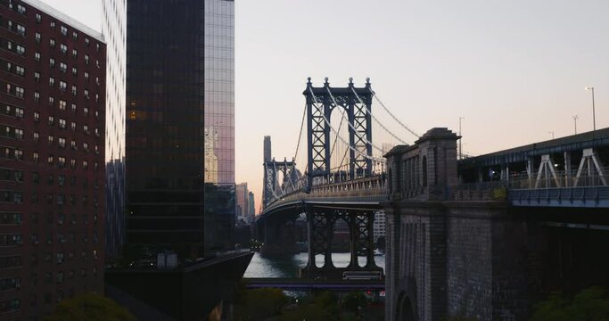 Aesthetic wide shot of Manhattan Bridge in New York in busy city life atmosphere