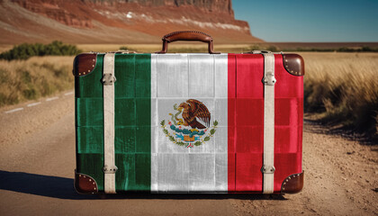 Vintage suitcase with Mexico flag. Travel and tourism concept.