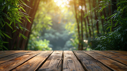photo of an empty wooden table with a bamboo tree in the background - obrazy, fototapety, plakaty