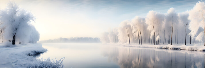 Serene Winter Solitude: A Pristine Frozen Lake Surrounded by a Snow-covered Forest