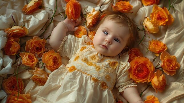 child with a bouquet of roses and flowers on the bed