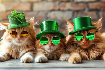 Three cute cats with green hats and sunglasses on Saint Patrick´s Day - 738036390