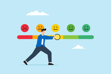 Man trying to push customer feedback bar to be excellent smile