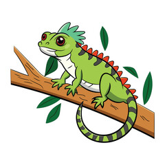 Vector cute iguana on a tree branch cartoon illustration