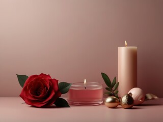 Abstract 3d feminine elements on a rose flower drak red with geometric shapes background