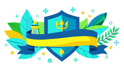 Yellow-blue pattern with a trident, the coat of arms of Ukraine and plant leaves. Yellow-blue Ribbon for placing text.