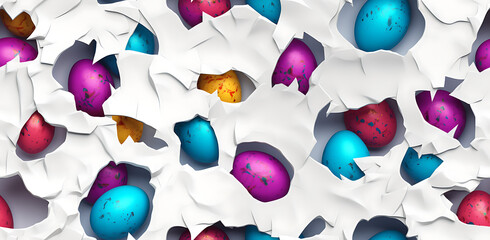 3D Colorful Easter Eggs inside cracked hole on white wall