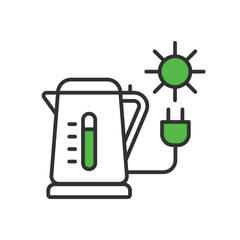 Solar Kettle icon in line design green. Kettle, icon, water, heat, sun, energy, boil, hot, portable isolated on white background vector. Solar Kettle editable stroke icon.