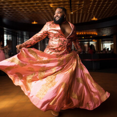 Gender fluid male in dress flowying in air.