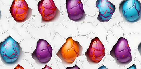3D Colorful Easter Eggs inside cracked hole on white wall - obrazy, fototapety, plakaty