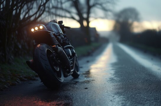 A lone motorcycle sits silently on a rain-soaked road, its tires glistening under the setting sun, as if waiting for its rider to return from a journey through the tranquil landscape of trees and ope