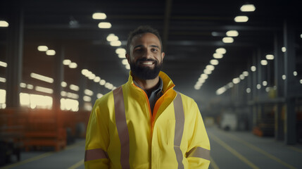 smiling worker in safety jacket in a factory, portrait of a smiling person standing in a factory, confident worker