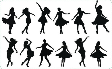 Obraz premium Dancing Women silhouettes, Vector silhouettes of girls dancing in different positions, Woman dancing silhouette vector illustration, Vector silhouette of a woman dancing
