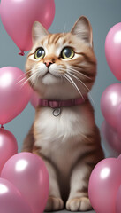 Fototapeta na wymiar Adorable Cat with Party Balloon: Celebrate with Joy and Cuteness
