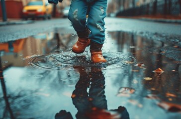 A joyous child in boots splashes in a puddle on a rainy street, their reflection dancing amidst the water - obrazy, fototapety, plakaty