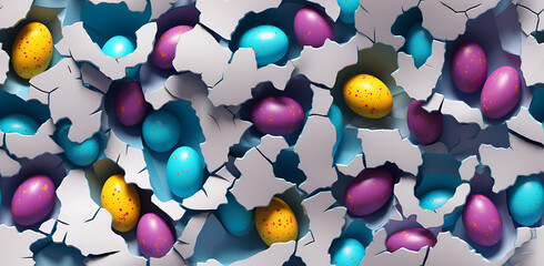3D Colorful Easter Eggs inside cracked hole on white wall
