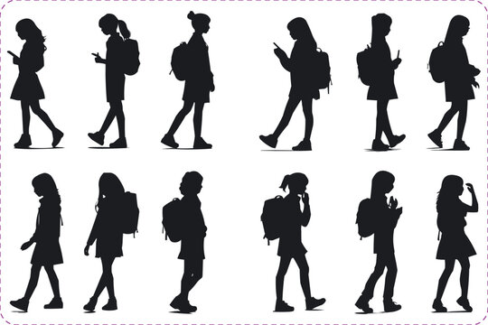 Silhouettes of School Kids isolated on a white background, Little Boy and Girl silhouette, School children silhouettes