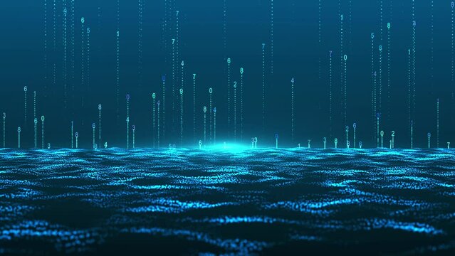 Abstract digital background. Shining particles in the form of numbers smoothly rise vertically to the top. Big data visualization. Data flow information. 3D rendering. 4K animation.