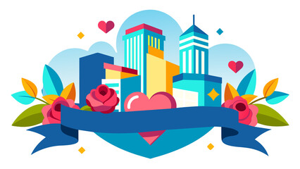 Flat illustration symbolizing love for the city. Heart shaped symbol in the city center. The city is filled with colorful buildings and various elements such as flowers and leaves.