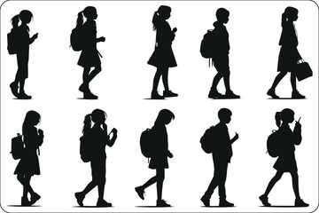 Obraz premium Silhouettes of School Kids isolated on a white background, Little Boy and Girl silhouette, School children silhouettes