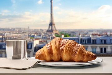 A cafe with the view of Eiffel Tower. Coffee and croissants on the cafe table. . generated by AI