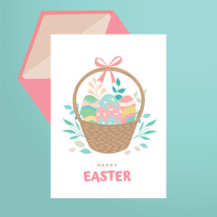 Vector Easter greeting card with a basket of coloured eggs, flowers and ribbon