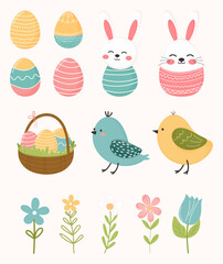Colorful Easter illustration with eggs, bunnies, birds and flowers