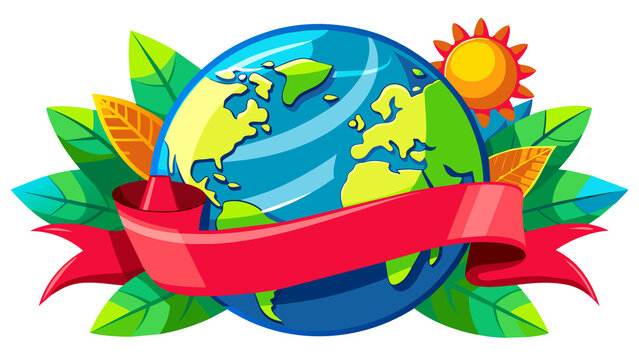 A round flat globe with sun and clouds surrounded by a red ribbon for text. A red ribbon is tied around the world, emphasizing the environmental theme. The image represents the environment and ecology