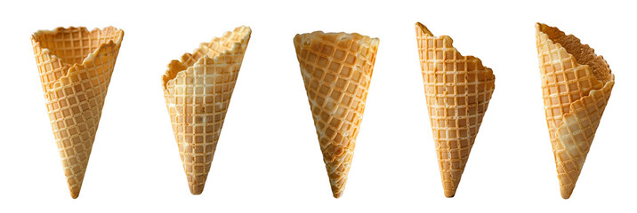 Collection of empty ice cream cones isolated on transparent background. Generative AI