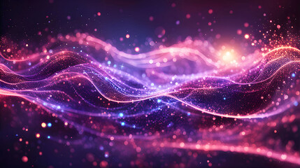 blue glow purple pink Digital glittering particles wave and light abstract bokeh background with shining dots and stars.