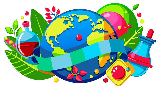 Flat cartoon image of the Earth with various elements such as leaves, test tube and globe. The image symbolizes science and has a ribbon for text inscription.