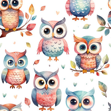 Watercolor seamless pattern with owls and foliage isolated on white background.