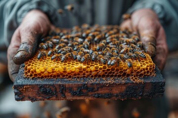 A professional beekeeper working on collecting honey from beehives - obrazy, fototapety, plakaty