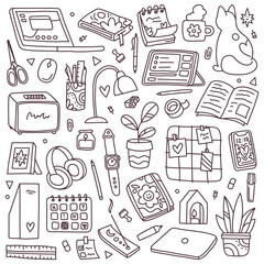 Desktop doodle set. Doodle design style, hand drawn cartoon elements. Illustration for coloring book, pattern background