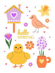 Chick, bird and flowers. Cheerful spring time. Colorful hand drawn elements. Hello spring inscription. Greeting card, invitation, poster, banner, placard, background.