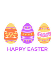 Colorful decorative Easter eggs isolated on white background. Happy Easter lettering. Religious holiday. Spring. Eggs hunt. Colorful festive greeting card, invitation, flyer, background.