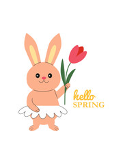 Obraz na płótnie Canvas Cute Easter bunny with tulip. Hello spring lettering. Greeting card, flyer, invitation, background. Easter spring holidays. 