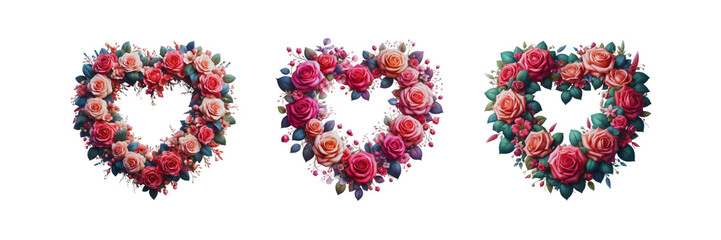 Set of Beautiful floral wreath in shape of heart made of rose, illustration, isolated over on transparent white background