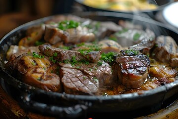 Close-up image of a single dish of Argentinian Asado, focusing on grilled meats, rustic style, stock photo aesthetic. - obrazy, fototapety, plakaty