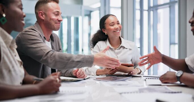 Handshake, applause or business people in partnership deal, collaboration or negotiation agreement. Hiring, clapping or employees shaking hands for contract, thank you or crm success in b2b meeting