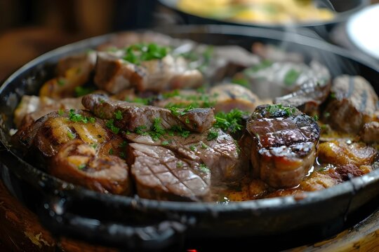 Close-up image of a single dish of Argentinian Asado, focusing on grilled meats, rustic style, stock photo aesthetic.