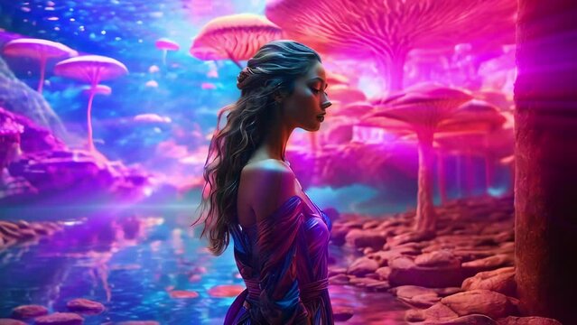 Mushroom fantasy landscape, woman with eyes closed hallucinating
