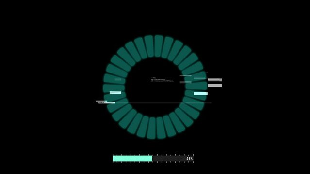 0-100% loading bar and circle progress in neon blue color on dark background, including "loading" texts with glitch effect. Motion graphic
