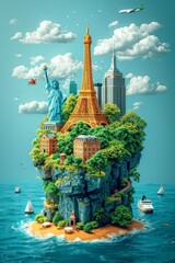 The concept of a round-the-world trip with luggage. A city on an island . 3d illustration - obrazy, fototapety, plakaty