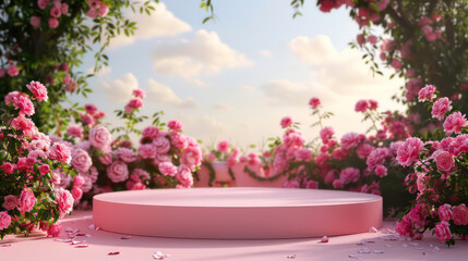 Pink round podium with rose bushes around and a summer clear sky with clouds in the background. Photorealistic 3d stylish template for product presentation