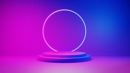 Podium for product or cosmetics demonstration. Three dimensional stage on pink to blue colored background. Display podium scene or presentation with showcase in the studio room background.