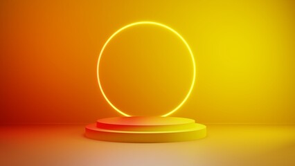 Podium for product or cosmetics demonstration. Three dimensional stage on orange to yellow colored background. Display podium scene or presentation with showcase in the studio room background.
