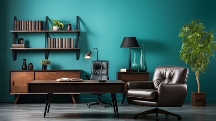 Fototapeta premium Minimalist Chocolate Brown and Teal Home Office