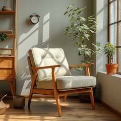 Vintage concept of living room interior with retro armchair, wooden commode, plant, book and cupof coffee.